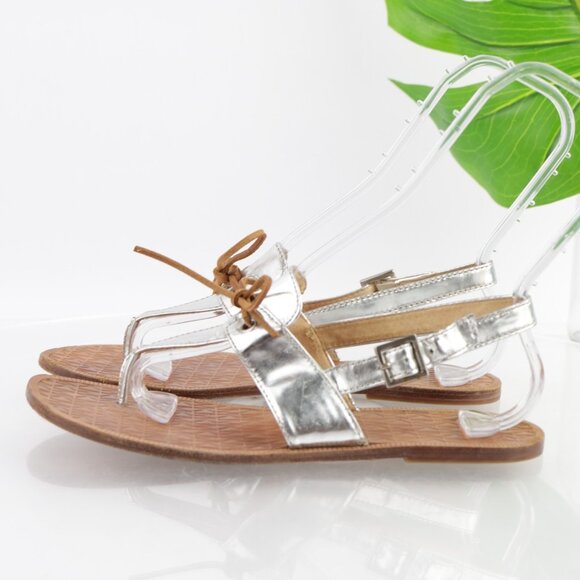 Michael Kors Womens Sandals Size 9 Silver Metallic Leather Thong Slingback Flats - Picture 6 of 13